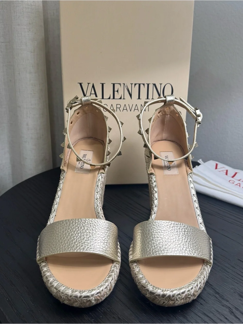 Valentino Garavani Rockstud Espadrille Wedge Sandals Gold 40